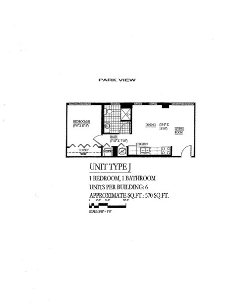 Floor plan for 1 bed, 1 bath, 570 sqft